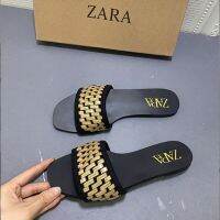 Zara ใหม่ รองเท้าแตะลําลอง พื้นแบน ไมโครไฟเบอร์ สีทอง สไตล์สเปน เหมาะกับฤดูร้อน สําหรับสตรี 2023