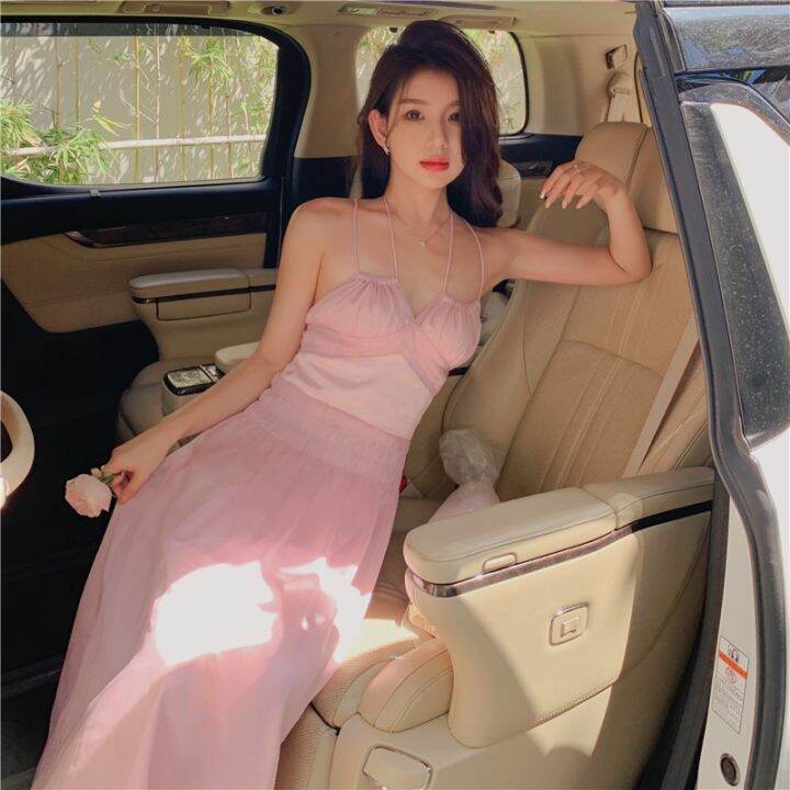 the-new-spring-and-summer-seaside-small-pink-strap-dress-fold-closed-show-thin-waist-sea-pure-to-long-skirt