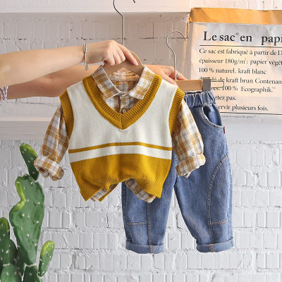 Baby Girls Cotton Clothes Spring Autumn Children Shirt Sweater Vest Plaid Shirt Pants 3PcsSet Infant Outfit Kid Fashion Toddler