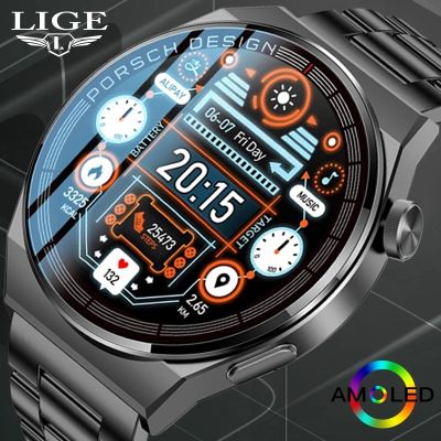 LIGE 2022ใหม่สมาร์ทนาฬิกาผู้ชาย AMOLED 390*390หน้าจอ HD เสมอแสดงเวลาฟิตเนสสร้อยข้อมือสแตนเลสกันน้ำ Smartwatch ผู้ชาย + กล่อง