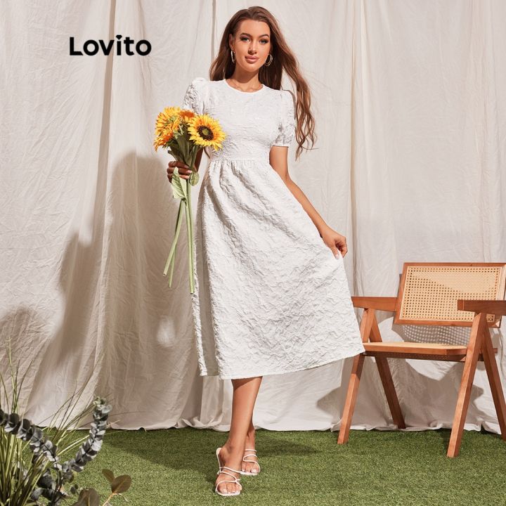 lovito-เดรสทรงเอ-แขนพอง-คอกลม-ลายดอกไม้-หรูหรา-สำหรับผู้หญิง-l45ld060-สีขาว