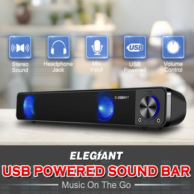 ELEGIANT Mini Soundbar สเตอริโอยูเอสบีคอมพิวเตอร์ลำโพงไฟ LED ควบคุมระดับเสียงพร้อมไมโครโฟนสำหรับแท็บเล็ตพีซีเดสก์ท็อปโปรเจคเตอร์