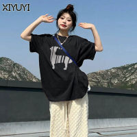 XIYUYI เสื้อคอกลมแขนสั้นขนาดใหญ่พิเศษสำหรับผู้หญิง,เสื้อเสื้อแบบหลวมพิมพ์ลายสุดสร้างสรรค์สำหรับฤดูร้อนเสื้อยืดลำลองสไตล์เกาหลี