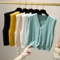 Solid White Black Button Up Vest Cardigan Women Cropped Sweater Knitted Top Ropa Mujer Sleeveless Outerwear Office Lady