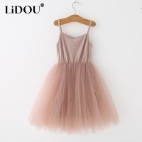 Summer Casual Cute Patchwork Braces Skirt Sleeveless Pure Cotton Girls Dress Ball Gown All Match Chic Kawaii Costumes For Kids