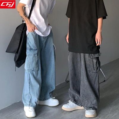 ❈™ hnf531 Japanese Oversize Fat Mens Cargo Jeans For Men Big Pocket High Street Hip Hop Retro Streetwear Wide Leg Pants Vertical Feel Loose Big Size Jeans