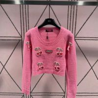 【Top Grade】Early Autumn New 3D Cherry Embroidery Ice Curved Round Neck Long Sleeve Knitted Shirt for Womens Slim Fit and Slimming Top