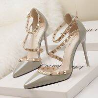 Sexy Nightclubs with Thin 10CM Heel High Heel Shallow Pointed Head Rivet Hollow Word Belt PUMPS Simple Womens Shoes