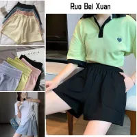 Ruo Bei Xuan กางเกงขาสั้นขากว้างสตรี กางเกงลำลองเอวสูงทรงหลวมแบบเกาหลี กางเกงขาสั่นผญ กางเกงขาสันผ้านิ่วผ้าดีใส่สบาย มีM L XL XXL