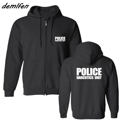 ใหม่ผู้ชายผู้ชายเสื้อกันหนาวหมวกตำรวจหน่วยบังคับใช้กฎหมายยาเสพติดด้านหน้ากลับพิมพ์เสื้อแจ็คเก็ตเสื้อ