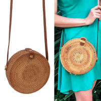 [Zeberdany] Handwoven Round Rattan Bag Tropical Beach Style Woven Shoulder Rattan Bag With Leather Strap 20Cm Diameter With Lining