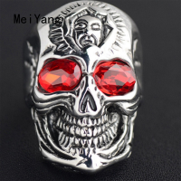 MeiYang แหวนหัวกะโหลกทับทิมพังก์สำหรับผู้ชาย Hip Hop Cool Skull Ring