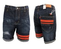 TPPJEANS MICRO JEANS Shorts Mens กางเกงขาสั้นชายสีมิดไนท์บลูฟอกแต่งขาด เป้าซิป แถบหนังส้ม งานตัดเย็บอย่างดี Size28-42 รับชำระปลายทาง