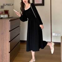 SLPBELY French Retro Black Midi Dress Women Elegant Dress Korean Autumn Lace Evening Party Folds Dress Female Spring