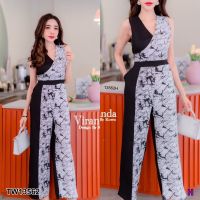 J13562 Jumpsuit จั๊มสูทยาว ป้ายอก ลายหิน Long jumpsuit, chest patch, stone pattern