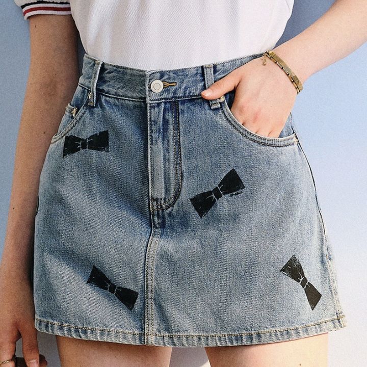 2023-ฤดูร้อนใหม่เอวสูงหวานขี้เล่นลดอายุ-a-กางเกงขาสั้นผ้ายีนส์พิมพ์ลายโบว์คำกางเกงกระโปรงผู้หญิง