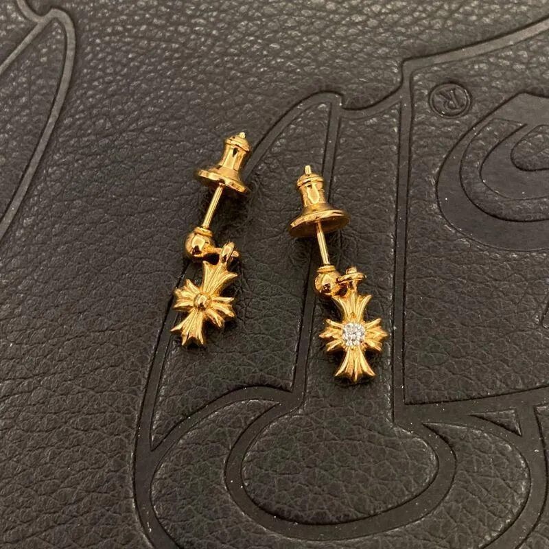 2024 Retro CH Gold-Plated Copper Zircon Iris Cross Drop Earrings