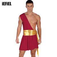 Mens Ancient Greek Cosplay Ruffle Dress One Shoulder Metallic Ruched Belted Dresses Outfit Halloween Stage Performance Costume