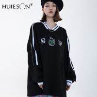 【Huieson】สเวตเชิ้ตวินเทจคอวี,เสื้อสเวตเชิ้ตแขนยาวแบบพอดีตัวเสื้อคู่