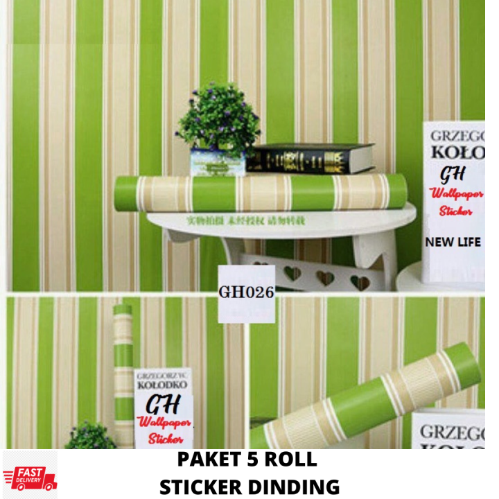 Paket 5 roll wallpaper dinding/sticker dinding salur hijau /wallpaper