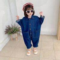 Korean 1-7T Autumn Winter Button Lapel Long Sleeves Denim Jumpsuit Climb Soft Romper