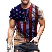 2021 Summer American Flag Print Mens Casual Fashion T-shirt Round Neck Loose Oversize Muscle Streetwear Clothing Mans Tshirt