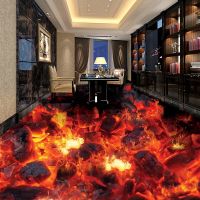 ❏ Custom Mural Wallpaper Modern Fire Flame 3D Floor Tiles Sticker Living Room Study PVC Waterproof Wear 3D Flooring Wallpaper Roll