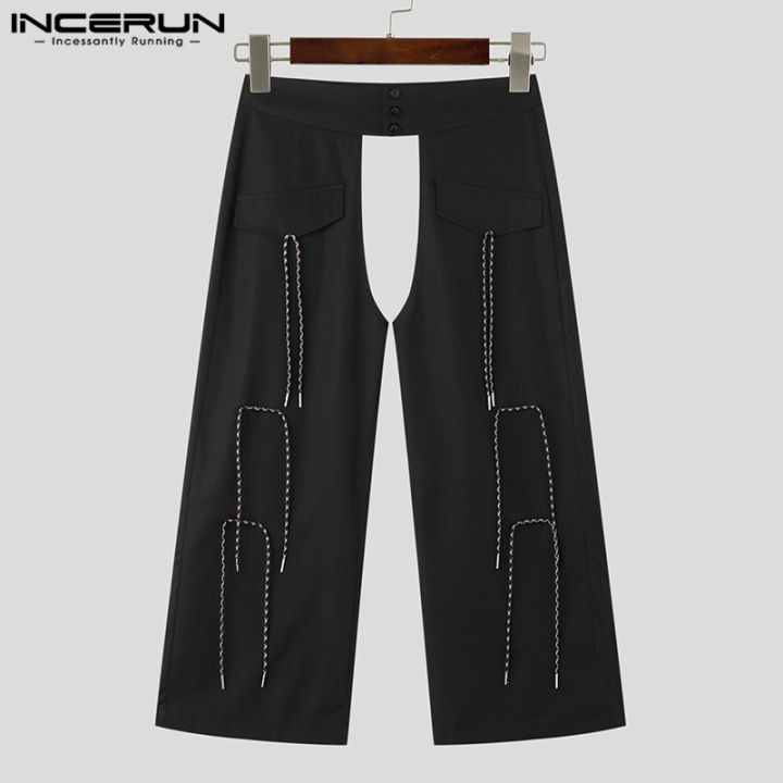 incerun-กางเกงอเนกประสงค์แฟชั่นผู้ชายกางเกงเชือกผูกมีกระดุมกลวงออกธรรมดา-สไตล์ตะวันตก