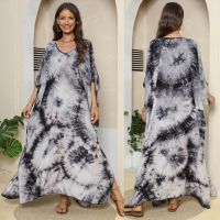 [COD] Womens dress cross-border European and black gray tie-dye loose blouse beach vacation slit mopping long Z797