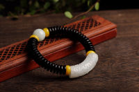 Handmade Tibetan Buddhist Braided Cotton Thread Lucky Bracelet Natural Black Coconut Shell Jadeite Jade Beads Carved Bangle