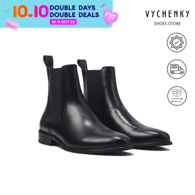VC01_รองเท้าชายบู๊ทหนังสีดำ Chelsea Boots คลาสสิก รองเท้าหนังนำเข้าคุณภาพสูงไร้ริ้วรอย พื้นรองเท้า4ซม. เพิ่มความสูง สไตล์อินเ