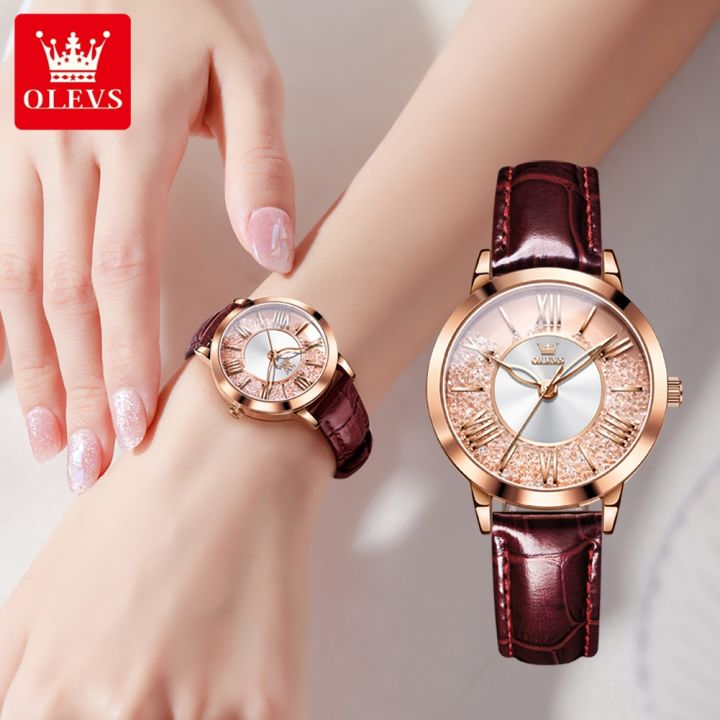 olevs-นาฬิกาสำหรับผู้หญิงหรูหราสายไรน์สโตนสง่างามนาฬิกาสายหนังควอตซ์แท้