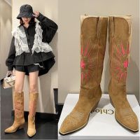 R Embroidery Slip On Cowboy Boots Faux Suede Pointy Toe Block Heel High Cut Knight Boots