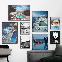 Ultra Comfortable Slim Aarons Speedboat Landing Pool Party Vintage การถ่ายภาพโปสเตอร์พิมพ์ Retro Art ภาพวาดผ้าใบห้องนั่งเล่น Decor