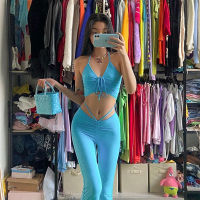 Y2K Streetwear y Bandage Blue Co-ord Suits 2000s Fashion Drawstring Halter Top and High Waist Flare Pants 2 Piece Set