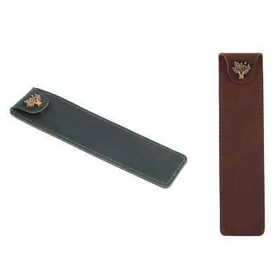 2 Pcs Genuine Leather Pen Pouch Holder Pencil Bag with Snap Button for Rollerball Fountain Ballpoint Pen, Green &amp; Brown