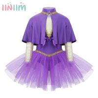 ♂❏☽ Kids Halloween Theme Party Circus Showman Cosplay Costume Girls Sequin Glitter Mesh Dance Leotard Dress with Cape Arm Sleeves