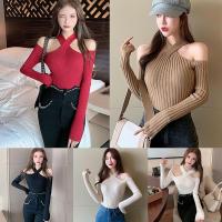 Korean Solid Color y One Neck Off Shoulder Cross Neck Bottom Sweater Autumn Womens T-shirt