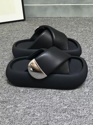【July】 European 2023 Metal Slippers Small Thick Bottom Increased Sandals Leisure Beach Shoes Trend
