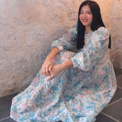 P007-019 PIMNADACLOSET - Long Sleeve Lace Chiffon Floral Print Maxi Dress