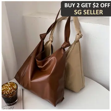 Apricot Genuine Leather Top Handle Minimalist Bucket Bag With Wide