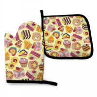 Cute Cupcake pattern Oven Mitt and Pot holder Set Heat Resistant Non Slip Kitchen Gloves with Inner Cotton Layer for Cooking BBQ