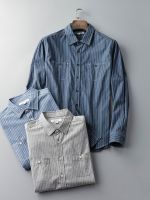 Pure cotton Japanese retro striped American casual work shirt mens autumn loose large size Hong Kong style long-sleeved shirt 【SSY】