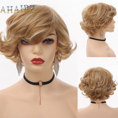 AHAIRZ Synthetic Wigs Cosplay Natural Wigs For Women Short Mixed Brown Wave High Temperature Fiber Daily Hair