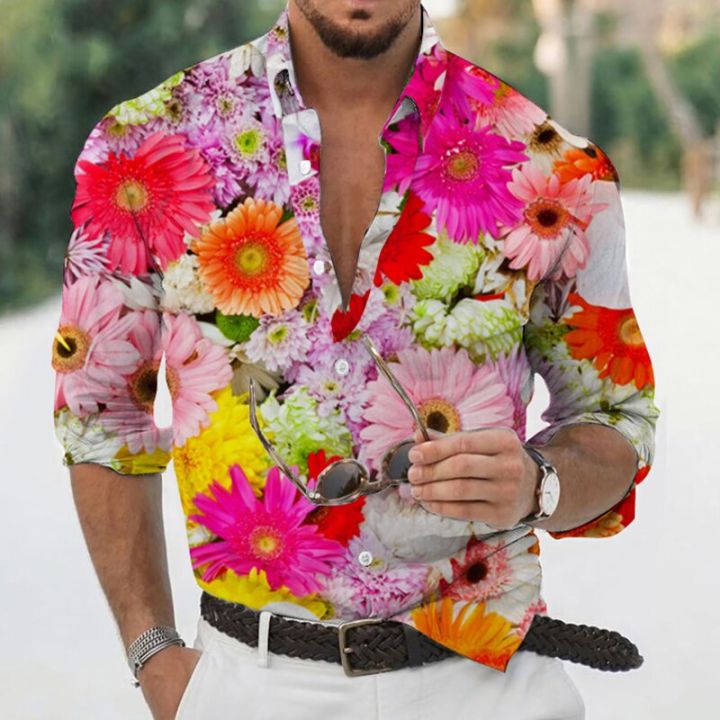 2023เสื้อลำลองพิมพ์ลายดอกไม้ผู้ชายสำหรับฤดูใบไม้ร่วง-เสื้อคอปกเสื้อเสื้อสำหรับผู้ชาย