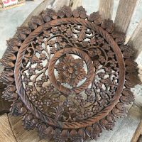 ไม้แกะสลักลายดอก Teak Wood Carving แผ่นไม้สักทรงกลม เส้นผ่าศูนย์กลางขนาด 45 ซม.สไตล์วินเทจ ส่งด่วน ส่งไว