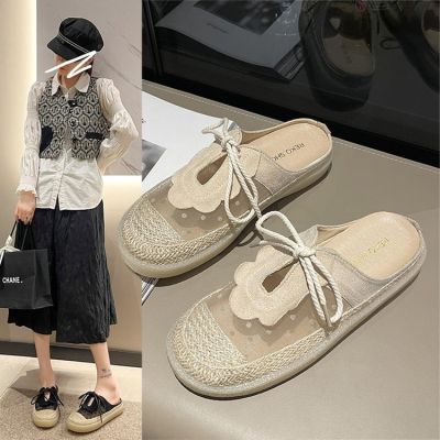 The new 2023 summer baotou half straw flat fisherman slippers outside the female shoes heelless slippers lazy person