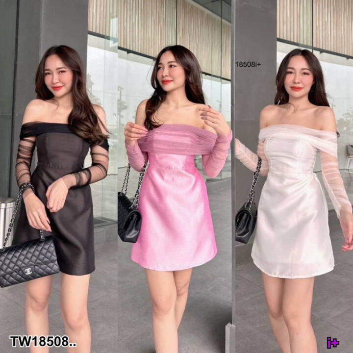 dress-เดรสสั้นผ้าไหมมีซับใน-แต่งแขนมุ้งเปิดไหล่ซิปหลัง-เนื้อผ้าไหม-มุ้ง