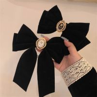 ✽☊ Fairy Retro Velvet Black Bowknot Pearl Large Spring Clip Back of The Head Decorative Hair Clips for Women Girl Hair Accessories