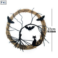 FAL พวงมาลัยฮาโลวีนมีไฟ37Cm สำหรับไม้แกะสลักตกแต่งประตูหน้าอุปกรณ์การตกแต่งงานปาร์ตี้ภายในบ้านฮาโลวีนจี้พวงมาลัยรูปแมวค้างคาวสีดำ